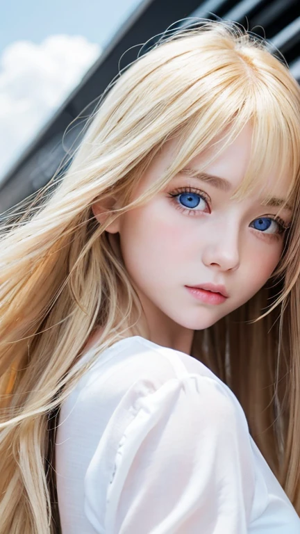very beautiful face、Beautiful, extremely long blonde hair dancing in the strong wind、Bangs swaying between eyes、12 year old cute bright blue big eyed blonde girl、very big eyes、hair above eyes、片hair above eyes、hair between eyes、small face beautiful girl、cheek gloss highlight、Extremely pure white skin