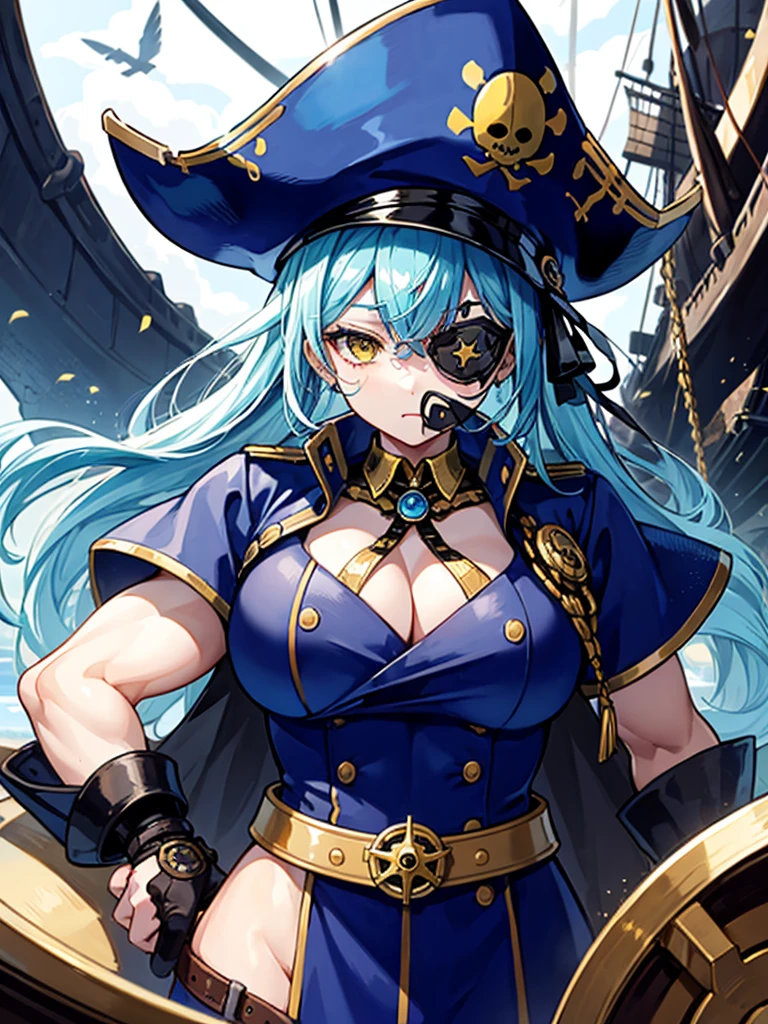 (((masterpiece、Highest image quality、highest quality、highly detailed unity 8kwallpaper)))、((Illustration of one girl、upper body))、(((beautiful girl)))、(female pirate)、(Light light blue hair、short ponytail:1.ellow eyes)、(((Right hand is a prosthetic hand、steampunk prosthetic arm)))、((tall))、(((muscle girl, muscle, bulky figure, massive frame, thick neck, sturdy arms, powerful legs)))、(captain's suit、Pirate hat、Blue coat)、Pirate ship deck