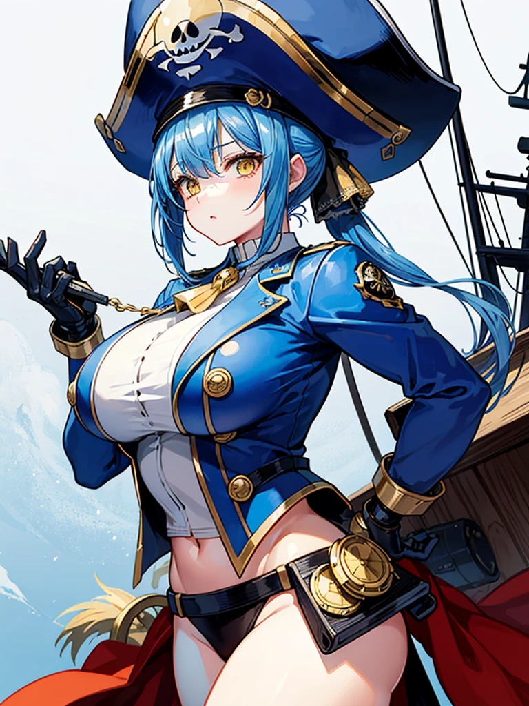 (((masterpiece、Highest image quality、highest quality、highly detailed unity 8kwallpaper)))、((Illustration of one girl、upper body))、(((beautiful girl)))、(female pirate)、(Light light blue hair、short ponytail:1.2、yellow eyes)、(((Right hand is a prosthetic hand、steampunk prosthetic arm)))、((tall))、(((muscle girl, muscle, bulky figure, massive frame, thick neck, sturdy arms, powerful legs)))、(captain's suit、Pirate hat、Blue coat)、Pirate ship deck