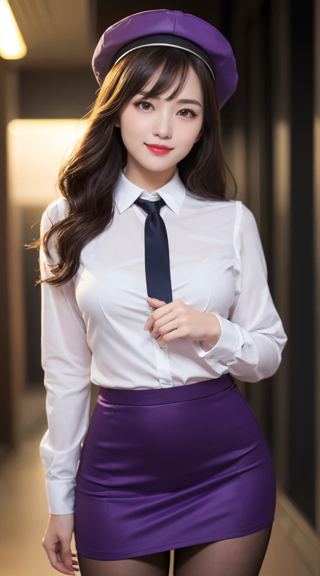 (((full body,including legs、opened legs apart)))、(((perfect uniform of Japanese stewardess, perple uniform,necktie, purple vest-dress uniform、purple small hat, (black high-heel), little smile,white blouse,tight blouse、purple tight skirt))), white gloves, short gloves, high heel、Dressed up、(Photo real:1.4)、(A hyper-realistic:1.4)、(Photorealistic:1.3)、 (gentle lighting: 1.05)、(Improve the lighting quality of your video:0.9)、32k、 1Girl、28years old girl、photorealistic lighting、Back lighting、Facial Lights、Ray Trace、(bright:1.2)、(Increase quality:1.4)、 (best quality real texture skin)、Fair eyes,Delicate and delicate face, Close-up of the face,white blouse,tight blouse,tight purple jump-skirt , (Bodyline mood improvement:1.1)、Glossy skin、wavy hair,blonde hair,韓国アイドル、乃木坂アイドル、Sculptural Idol Pose、little smile,blush,Beautiful actress、Neat woman,whole body, (((midium breasts,beautiful breasts))),(perfect row of teeth),slender waist and hip,beautiful long legull shot)、((8heads tall)、(((誘惑している、恥ずかしい)))、dynamic pose,gravure pose,(eye shadow),((red cheek、red lips)),Super Clean Night View、night time、blush,little smile,(((full shot)))、(((in the air plane))),