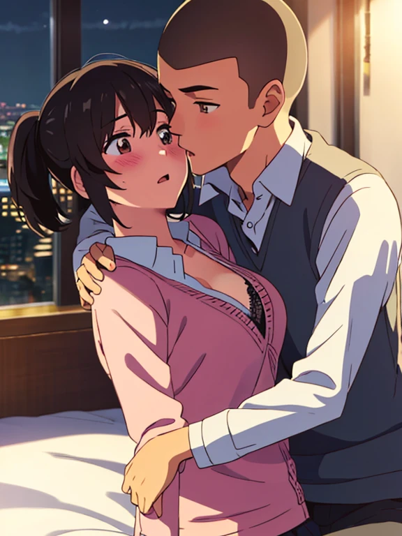 1boy, buzzcut, school uniform, face to face, cheek kissing, hug, 1girl, mitsuha miyamizu, open mouth, black hair, short hair, blush, brown eyes, collared shirt, white long sleeve, unbuttoned shirt, open shirt, light pink bra, cleavage, medium breast, indoors, night, passionate hug, lie on bed