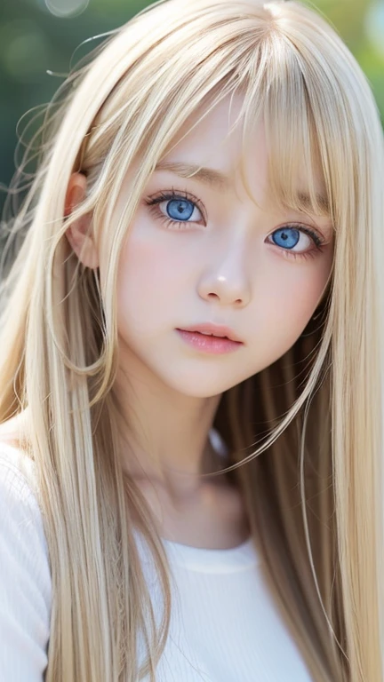 very beautiful face、Beautiful, extremely long blonde hair dancing in the strong wind、Bangs swaying between eyes、 cute bright blue big eyed blonde girl、very big eyes、hair above eyes、片hair above eyes、hair between eyes、small face beautiful girl、cheek gloss highlight、Extremely pure white skin