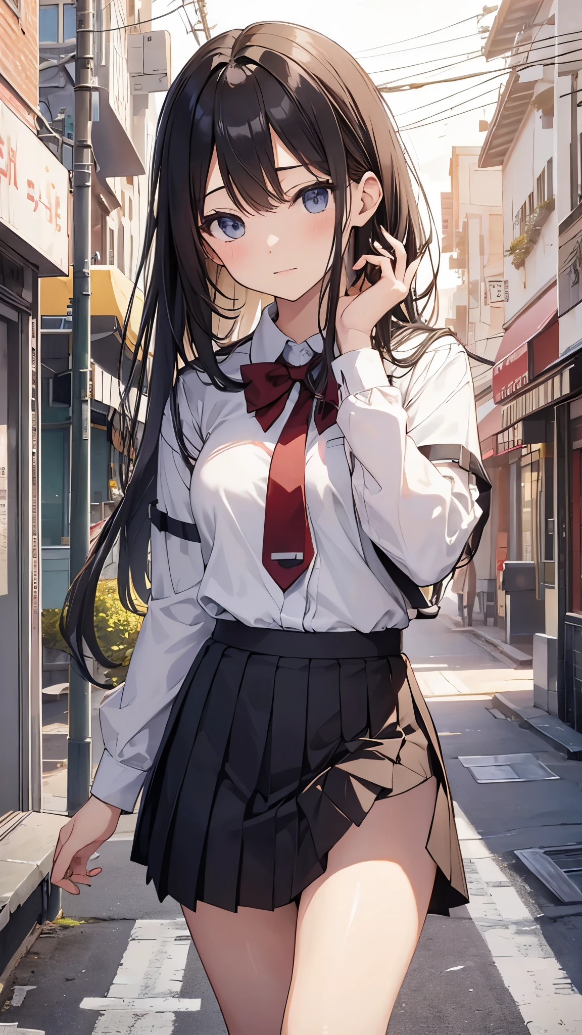 High school girl half-naked, Folding skirt, in the street、 uniform, panty shot, lucky perv、table top
