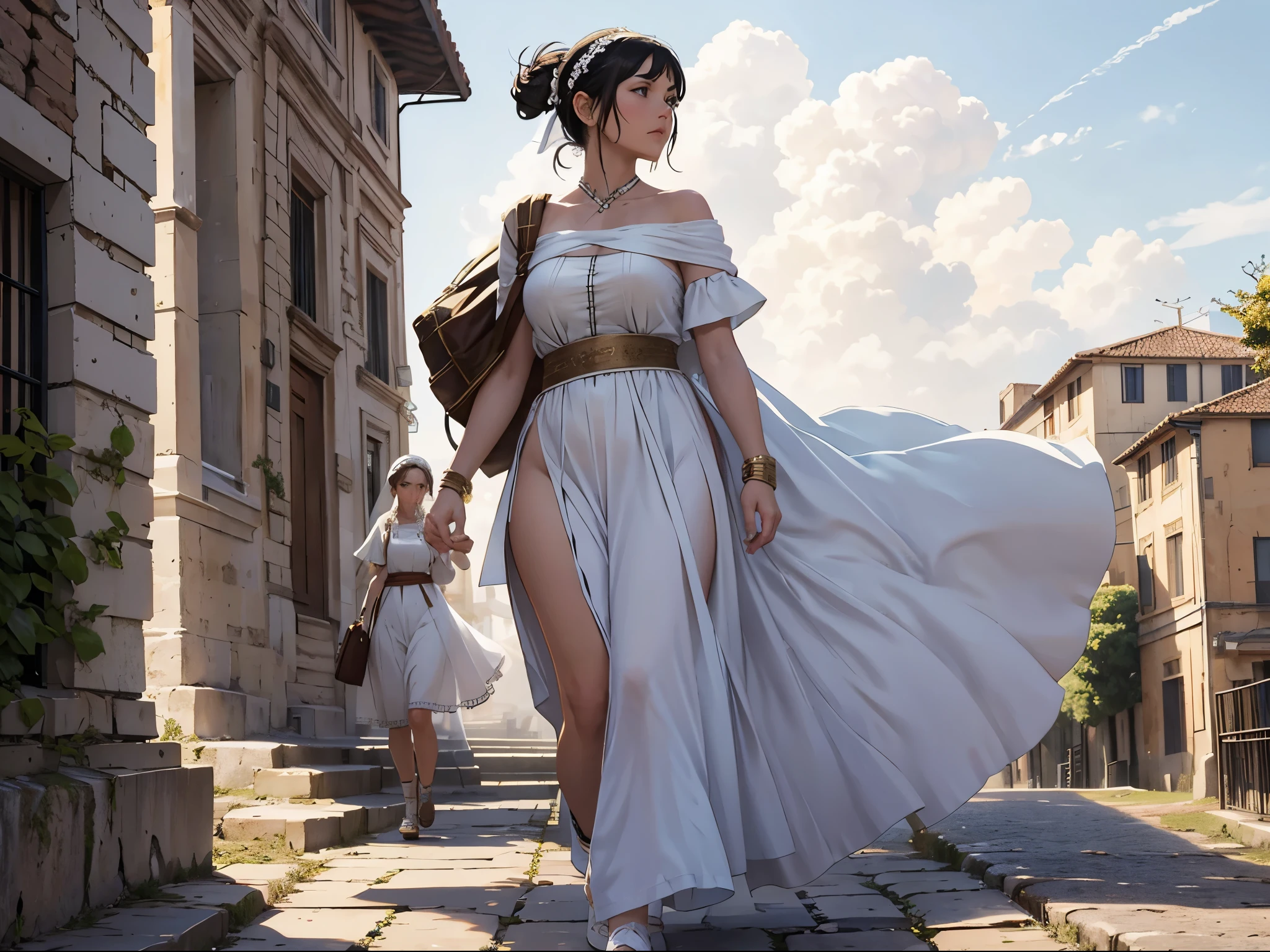 Roman noblewoman is walking to the ancient Rome street, white toga is blown by the wind, the woman is looking into the camera