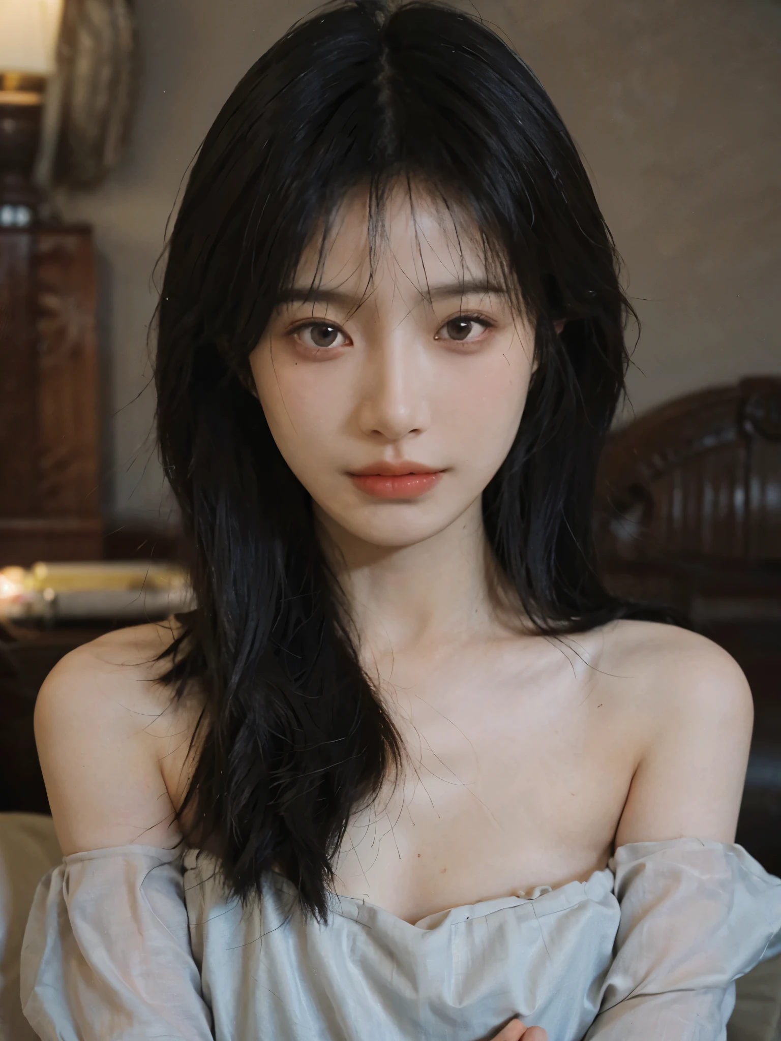 Film portrait photography, 1 girl, bare shoulders, Shoulder length wavy hair, serene, calm, (Realistic and detailed eyes, natural skin texture, Realistic facial details), Soft dramatic lighting, depth of field, Bokeh, Vibrant details, Detailed and detailed, Surrealism, 35mm film, hazy, ,