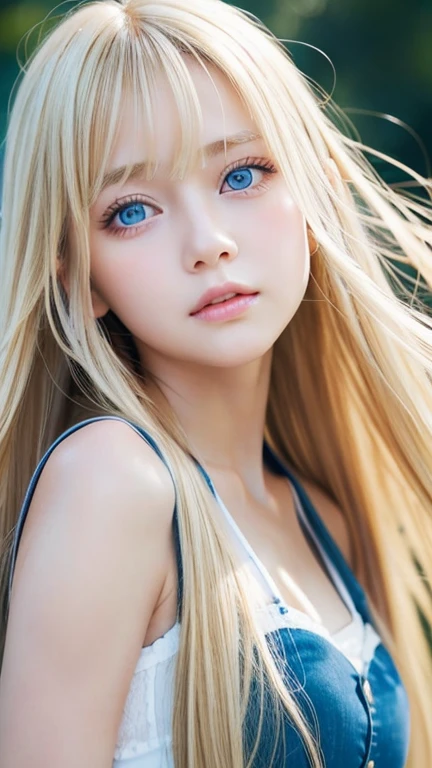 very beautiful face、Beautiful, extremely long blonde hair dancing in the strong wind、Bangs swaying between eyes、 cute bright blue big eyed blonde girl、very big eyes、hair above eyes、片hair above eyes、hair between eyes、small face beautiful girl、cheek gloss highlight、Extremely pure white skin