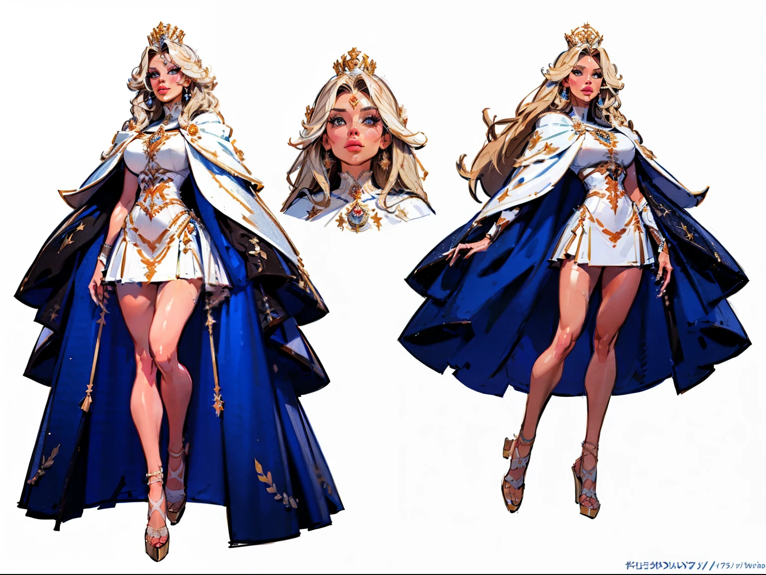 ((masterpiece)),(((best quality))),((character design sheet)), illustration,1woman, environment Scene change,  muscular, (white skin:1.4), white legs, thick legs, (royalty cape:1.5), scribbles and marks, fire, ((detailed face:1.1)), rough sketches, pose too, blonde and white color palette, 8k,16k, (simple background, light background: 1.3)