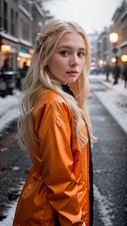 head and shoulders portrait movie still shot of A beautiful woman with long white blonde hair modeling in black and orange colored jacket, on the street, snowing, looking at the camera, immersive environments, Sony a7R IV camera, Meike 80mm F1.8 lens --ar 9:16 --style raw --stylize 50 --v 6