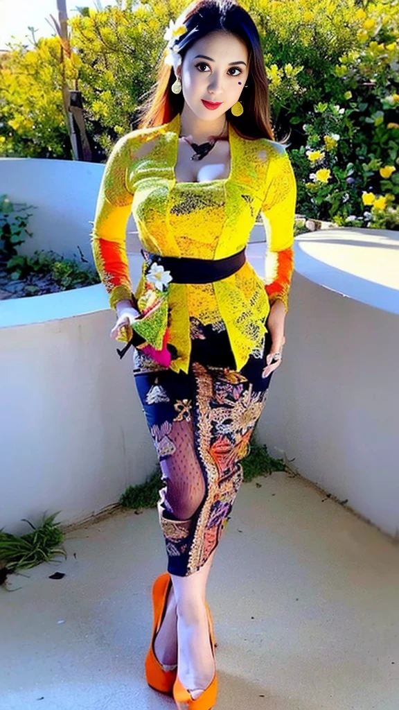 (8k, RAW photo, best quality, masterpiece:1.2),(Sharp Focus: 1.3),(Beautiful Woman with Perfect Figure: 1.4),woman, ((portrait of woman wearing ((blue_kebaya_bali)) in traditional black long kebaya)), red lipstick, gold necklace, earrings, decoration, detail, flowers, blurred background, soft focus,SFW:1.3),(Full Body:1.7),(cute face:1.3),(big breasts:1.5),(high heels:1.3),(big hips1.4), (big thighs:1.3),(covered breasts:1.3),(bust cleavage:1.1),(lipgloss:1.3),(Cute eyes:1.3),(Red lips:1.3),(Smooth skin texture:1.3),( Precise and perfect human anatomy: 1.3),(Beautiful and perfect facial features: 1.3), (Long eyelashes: 1.3),(Red lips: 1.3),(Shiny and textured lips: 1.3),(Smooth skin texture: 1.3),(earrings: 1.3),(Beautiful detailed eyes: 1.3),(Natural Color Lips: 1.3),(Beautiful face: 1.3),(look straight into the camera:1.3),((kebaya_bali,green_kebaya_bali,orange_kebaya_bali,blue_kebaya_bali,blue_kebaya_bali,black_kebaya_bali,white_kebaya_bali,yellow_kebaya_bali,white flower,black flower)),(Desert_sunset_background:1.4),(day light:0.1)
