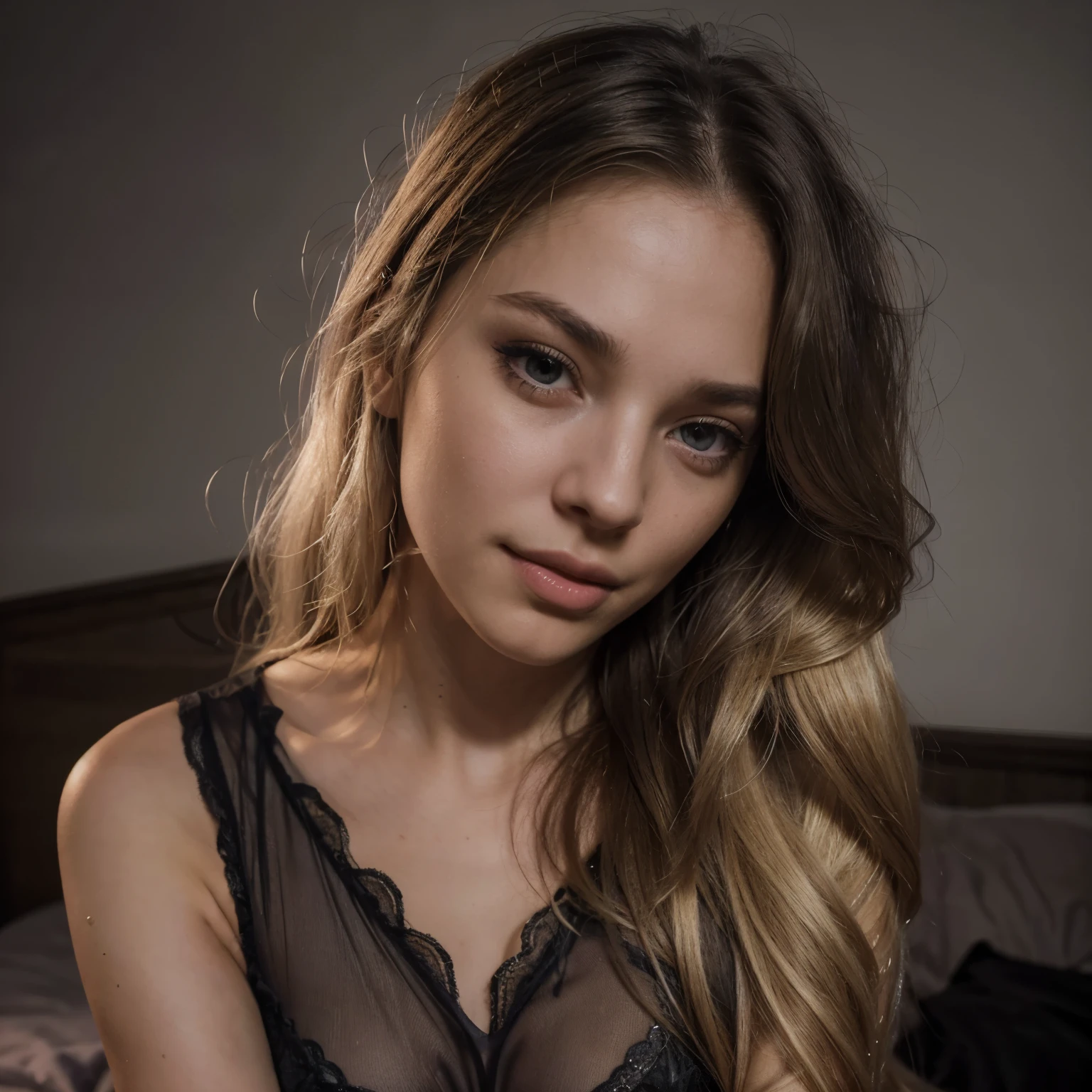 1girl, solo, long hair, blonde hair, purple and black lingerie, photoshoot in a bedroom ,detailed eyes and face, grey eyes, , lips, upper body, closed mouth, shirt, soft lighting, (best quality, realistic, highres, HDR:1.2), ultra-detailed, realistic lighting