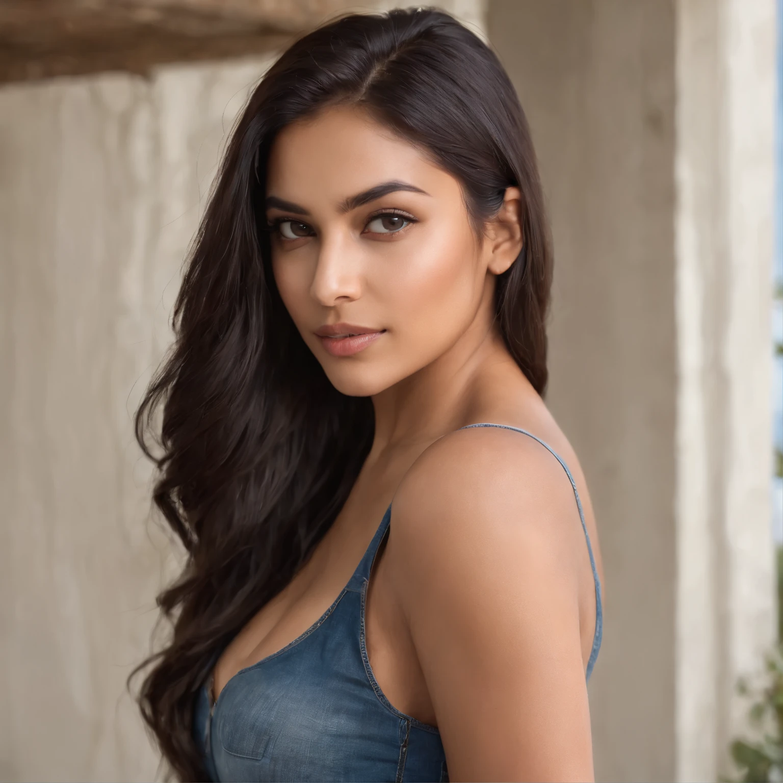 Close up of a beautiful young indian brunette with curvy and thiccbody,long black hair, oval face and dark brown eyes, wearing a tight ribbed knit top and skin tight jean shorts, standing at a home construction job site, beautifully lit, dramatic composition, epic scale, sense of awe, ultra-high res.photorealistic:.1.4, (high detailed skin:1.2), 8k uhd, dslr, high quality, film grain, Fujifilm XT3