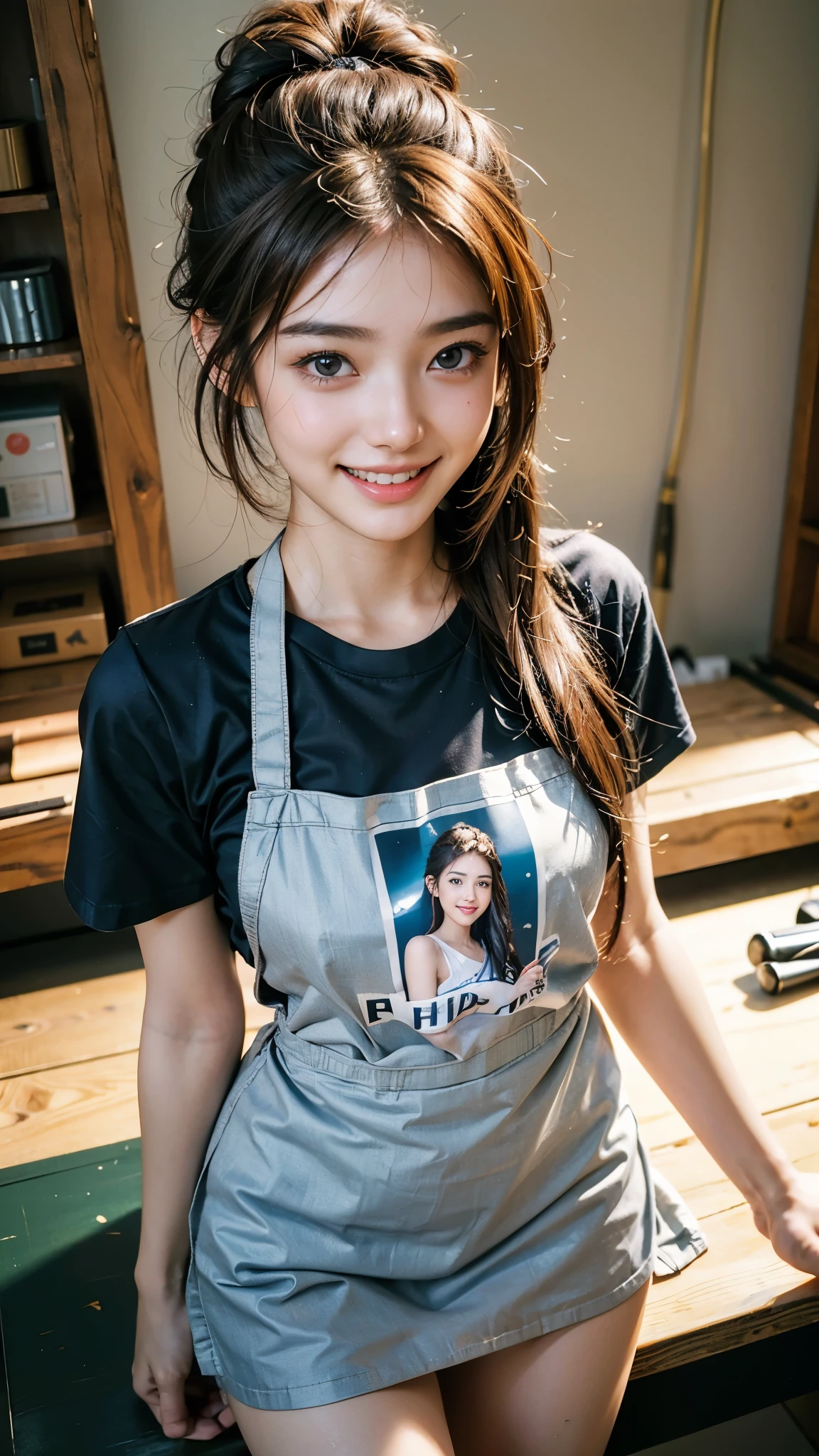highest quality, masterpiece, ultra high resolution, (realistic:1.4), (close portrait) Raw photo, 1 girl, 22 years old,(((hobby shop))),((long hair chignon)),(Tamiya T-shirt and apron),((figure sales)),masterpiece, realistic pictures, japanese pictures, fuji negative film, saturation, contrast, Pocari Sweat Advertisement ((small breasts)),((smiling showing teeth)),,brown hair,