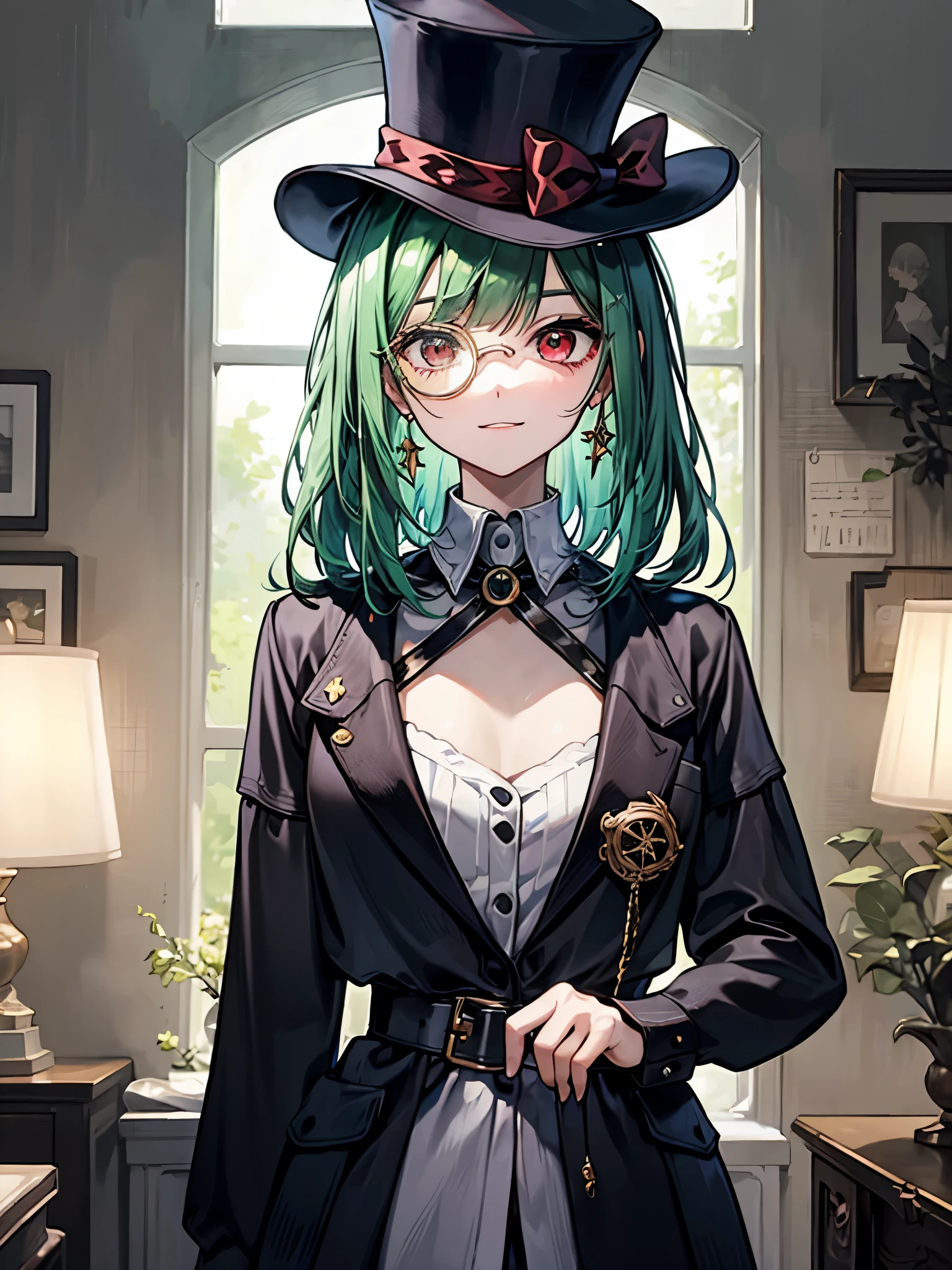 （（（masterpiece、Highest image quality、highest quality、highly detailed unity 8ｋwallpaper）））、（（Illustration of one girl、upper body））、（（（beautiful girl）））、（librarian）、（Emerald green hair、messy hair、sidelocks：1.2、red eyes、crazy smile）、（（（flat chest）））、（（（monocle）））、pocket watch、（（（Black top hat、Black tuxedo、belt）））、great medieval library、Large amount of books