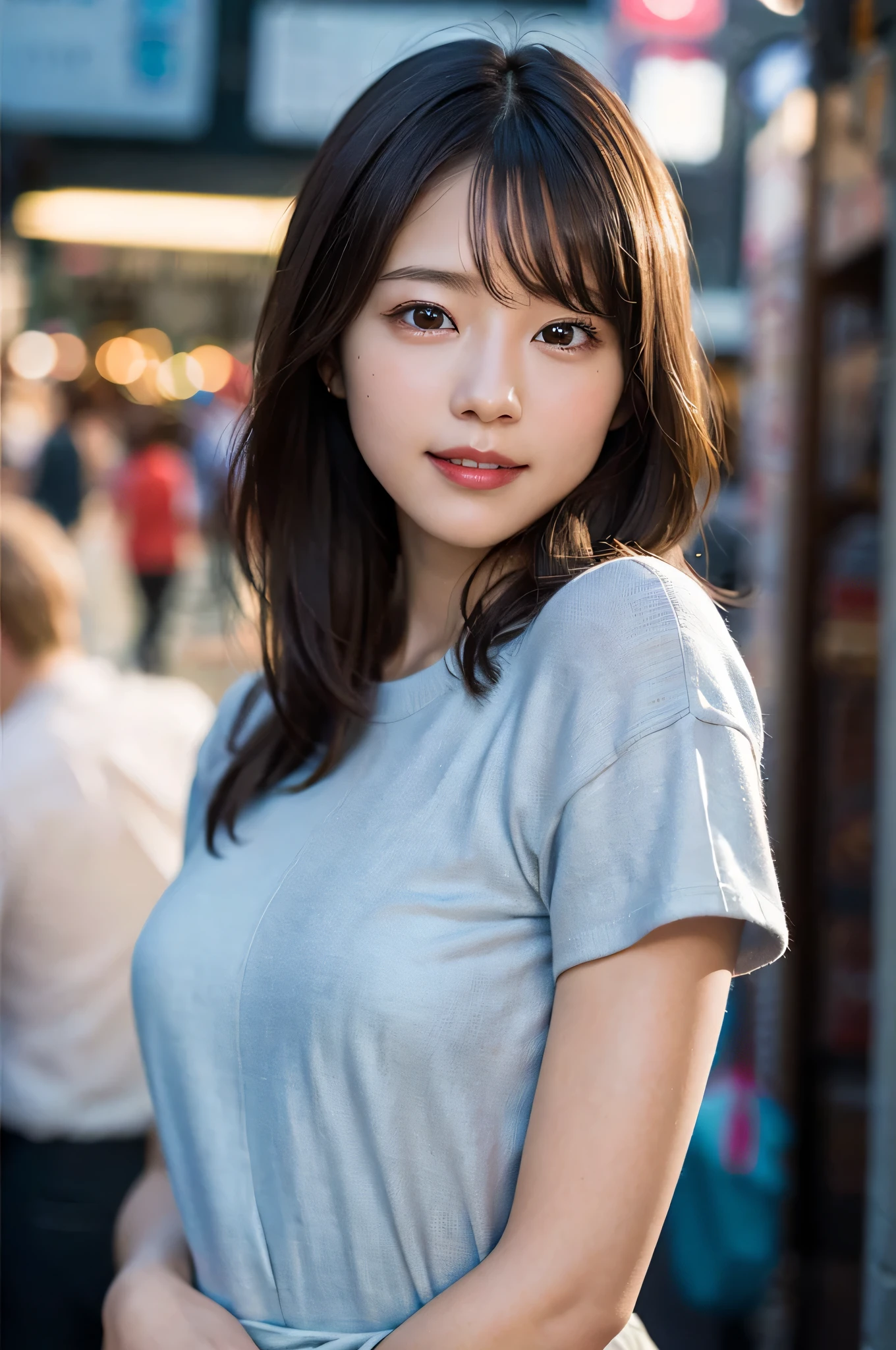 (8K, RAW photo, highest quality, masterpiece:1.2), (realistic, photo-realistic:1.37), Super detailed, ultra high resolution,1 girl,looking at the viewer,beautiful detailed face,smile,narrow,(slim waist:1.3),shirt, beautiful and smooth skin, skin texture, floating hair,professional lighting,