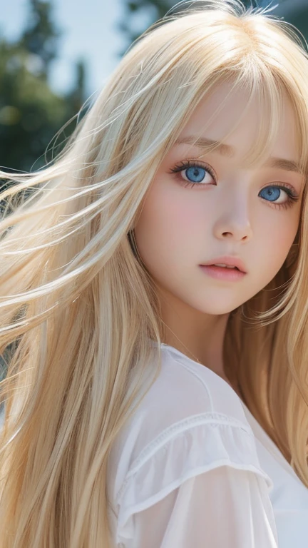 very beautiful face、Beautiful, extremely long blonde hair dancing in the strong wind、Bangs swaying between eyes、12 year old cute bright blue big eyed blonde girl、very big eyes、hair above eyes、片hair above eyes、hair between eyes、small face beautiful girl、cheek gloss highlight、Extremely pure white skin