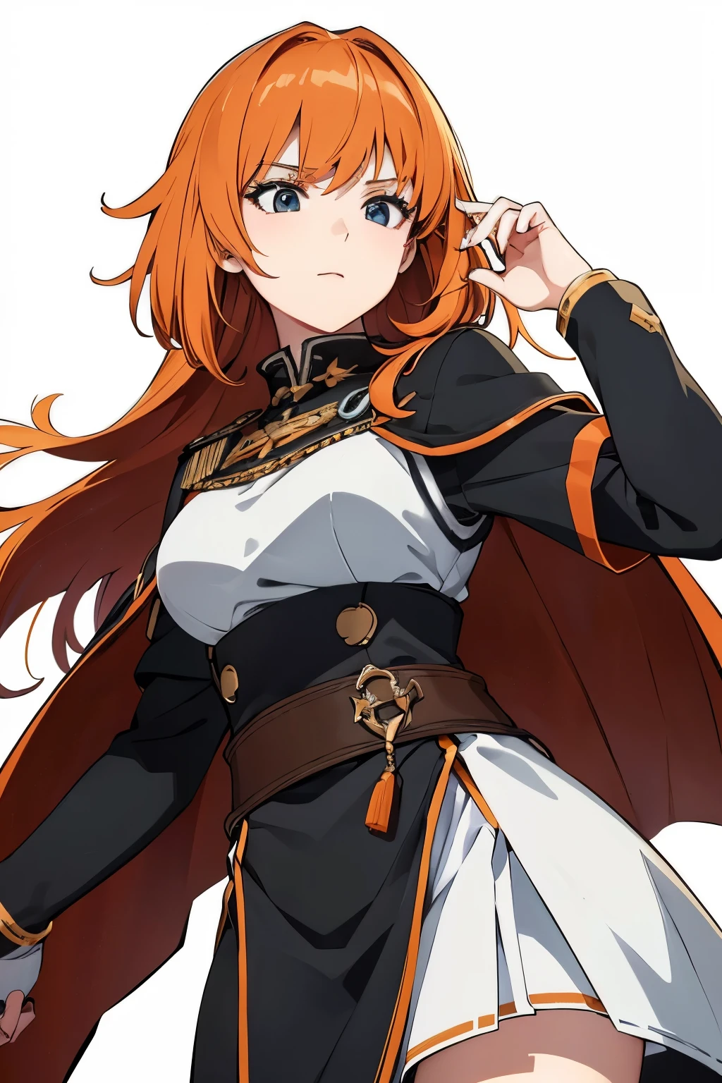 (best quality, 4k, 8k, high resolution, master part: 1.2), ultra-detailed, medieval era. A 16 year old woman, long orange hair, black eyes, wearing a white soldier uniform, white background, front camera.