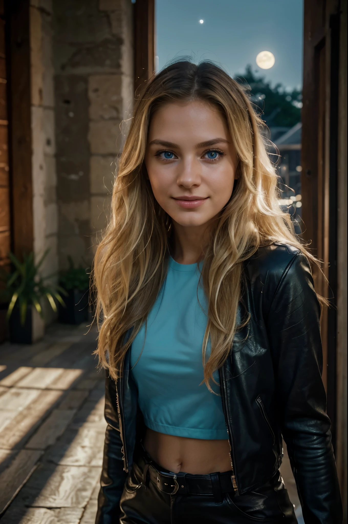 RAW, photograph,((best quality)), ((masterpiece)), ((realistic)), gorgeous european woman, 24 year old, (long blonde hair), blue eyes, night time, moon light, wearing leather jacket and pants, hand in hair, happy face, smiling, innocent, (freckles:0.6), intricate details, highly detailed, sharp focus, professional, 4k, god rays, stunning blue eyes, delicate, innocent, highres, detailed facial features, high detail, sharp focus, smooth, aesthetic, extremely detailed, photo_\(ultra\), photorealistic, realistic, post-processing, max detail, roughness, real life, ultra realistic, photorealism, photography, 8k uhd, photography, SEMI-SILHOUETTE light, european face, instagram, viral instragram photo