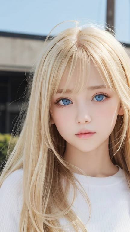 very beautiful face、Beautiful, extremely long blonde hair dancing in the strong wind、Bangs swaying between eyes、12 year old cute bright blue big eyed blonde girl、very big eyes、hair above eyes、片hair above eyes、hair between eyes、small face beautiful girl、cheek gloss highlight、Extremely pure white skin
