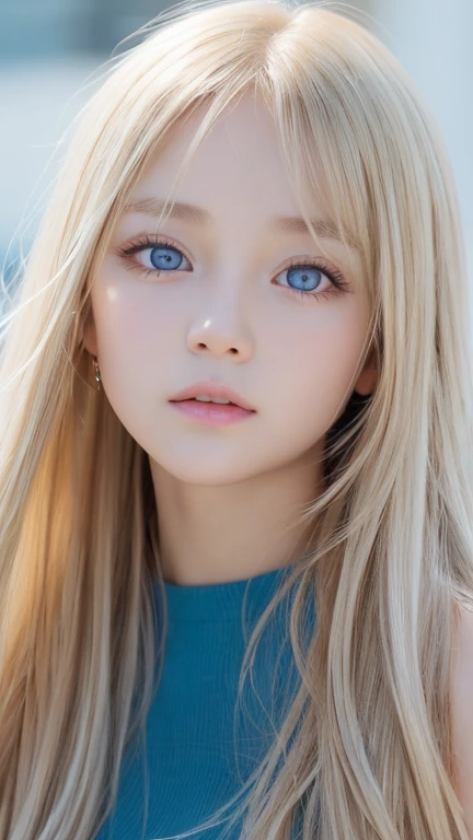 very beautiful face、Beautiful, extremely long blonde hair dancing in the strong wind、Bangs swaying between eyes、12 year old cute bright blue big eyed blonde girl、very big eyes、hair above eyes、片hair above eyes、hair between eyes、small face beautiful girl、cheek gloss highlight、Extremely pure white skin