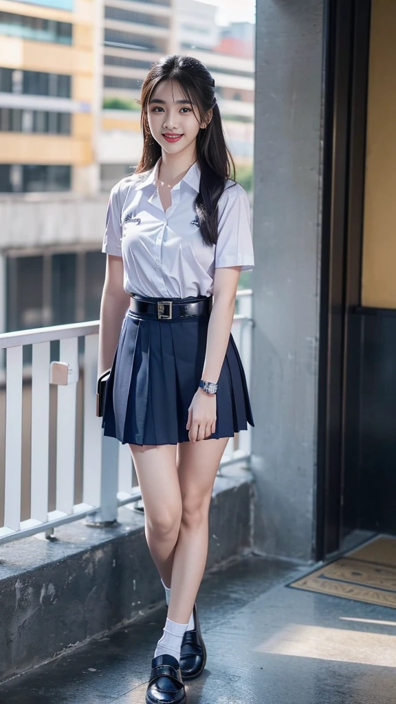 highest resolution, 8K, high definition, (((long hair))), (( thai student, half-caste, Thai-Japanese-Korean, Age 18-25 years, Height 173 centimeters)), (((stand, walk))) , (((Beautiful face, แต่งBeautiful face, Double eyelids, red lips, Smile at the corners of your mouth., Beautiful eyes))), ((beautiful woman, Real figure)), ((short sleeve, Thin white shirt, collar shirt)), ((Name embroidered in blue letters on the right chest of the shirt., have a name "Pornpitak" Rungruangpiwatsakul")), ((สัญลักษณ์โลโก้schoolที่อกซ้าย)), ((Dark blue long pleated skirt., Cover the whole leg)), ((Navy blue skirt, มีbeltผู้หญิง)), ((Big breasts, Breast augmentation)), ((Symmetrical figure, Sexy Body)), ((thin, small waist)), ((black elementary school shoes, Short white socks)), ((Wear a GUESS watch)), ((belt)), ((Chanel Boy Medium 10 Black Caviar RHW Bag)), (((Full body, look at every part of the body))), ((background, balcony, building, school, building))