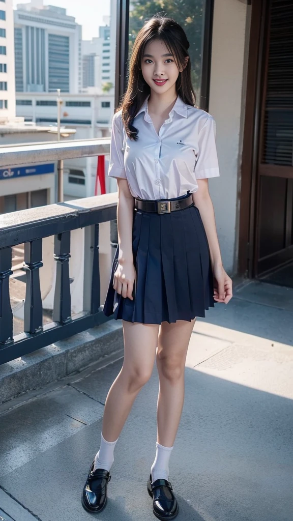 highest resolution, 8K, high definition, (((long hair))), (( thai student, half-caste, Thai-Japanese-Korean, Age 18-25 years, Height 173 centimeters)), (((stand, walk))) , (((Beautiful face, แต่งBeautiful face, Double eyelids, red lips, Smile at the corners of your mouth., Beautiful eyes))), ((beautiful woman, Real figure)), ((short sleeve, Thin white shirt, collar shirt)), ((Name embroidered in blue letters on the right chest of the shirt., have a name "Pornpitak" Rungruangpiwatsakul")), ((สัญลักษณ์โลโก้schoolที่อกซ้าย)), ((Dark blue long pleated skirt., Cover the whole leg)), ((Navy blue skirt, มีbeltผู้หญิง)), ((Big breasts, Breast augmentation)), ((Symmetrical figure, Sexy Body)), ((thin, small waist)), ((black elementary school shoes, Short white socks)), ((Wear a GUESS watch)), ((belt)), ((Chanel Boy Medium 10 Black Caviar RHW Bag)), (((Full body, look at every part of the body))), ((background, balcony, building, school, building))