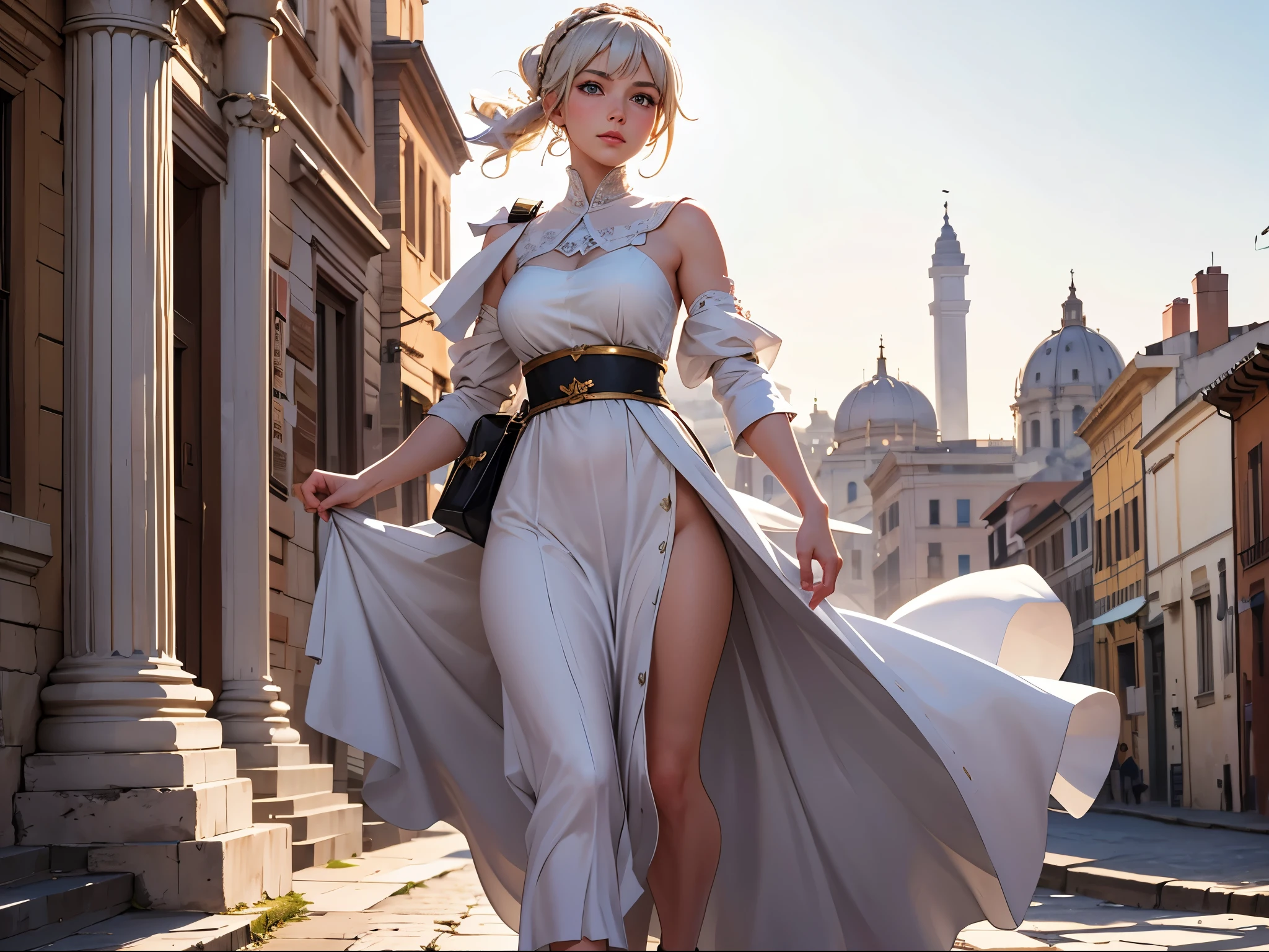 Roman noblewoman is walking to the ancient Rome street, the wind blows white toga, and the woman is looking into the camera