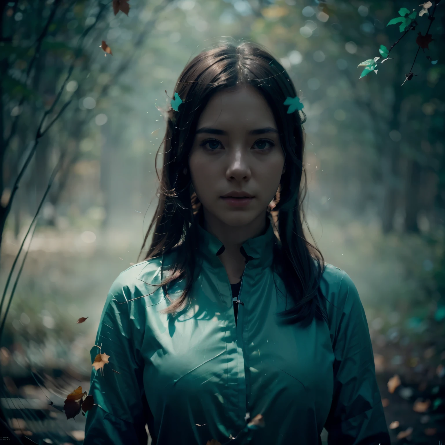 (High Detail:1.2)Anime Girl,(Cinematic Lighting,Delicate Colors),(Falling Leaves:1.2), Calm Lighting, Wind, Fog. Turquoise, delta shades. discord banner