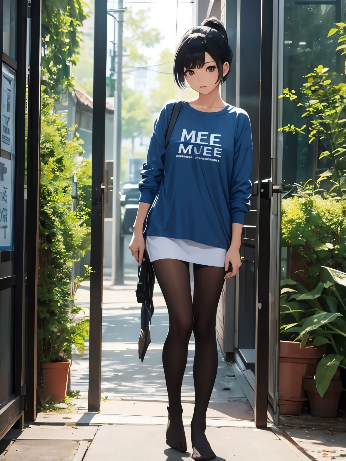 show entire body, photo image, Asian female, with a pixie hairstyle. Wearing a long blue shirt with the words on it say (hug me). With blank tights and no shoes
