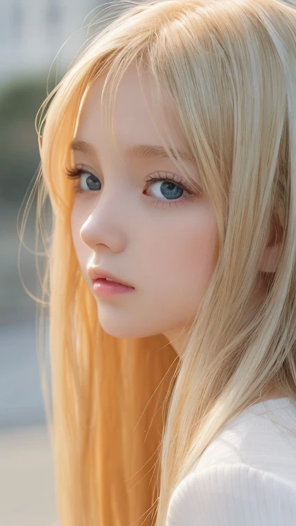 very beautiful face、Beautiful, extremely long blonde hair dancing in the strong wind、Bangs swaying between eyes、12 year old cute bright blue big eyed blonde girl、very big eyes、hair above eyes、片hair above eyes、hair between eyes、small face beautiful girl、cheek gloss highlight、Extremely pure white skin、round face