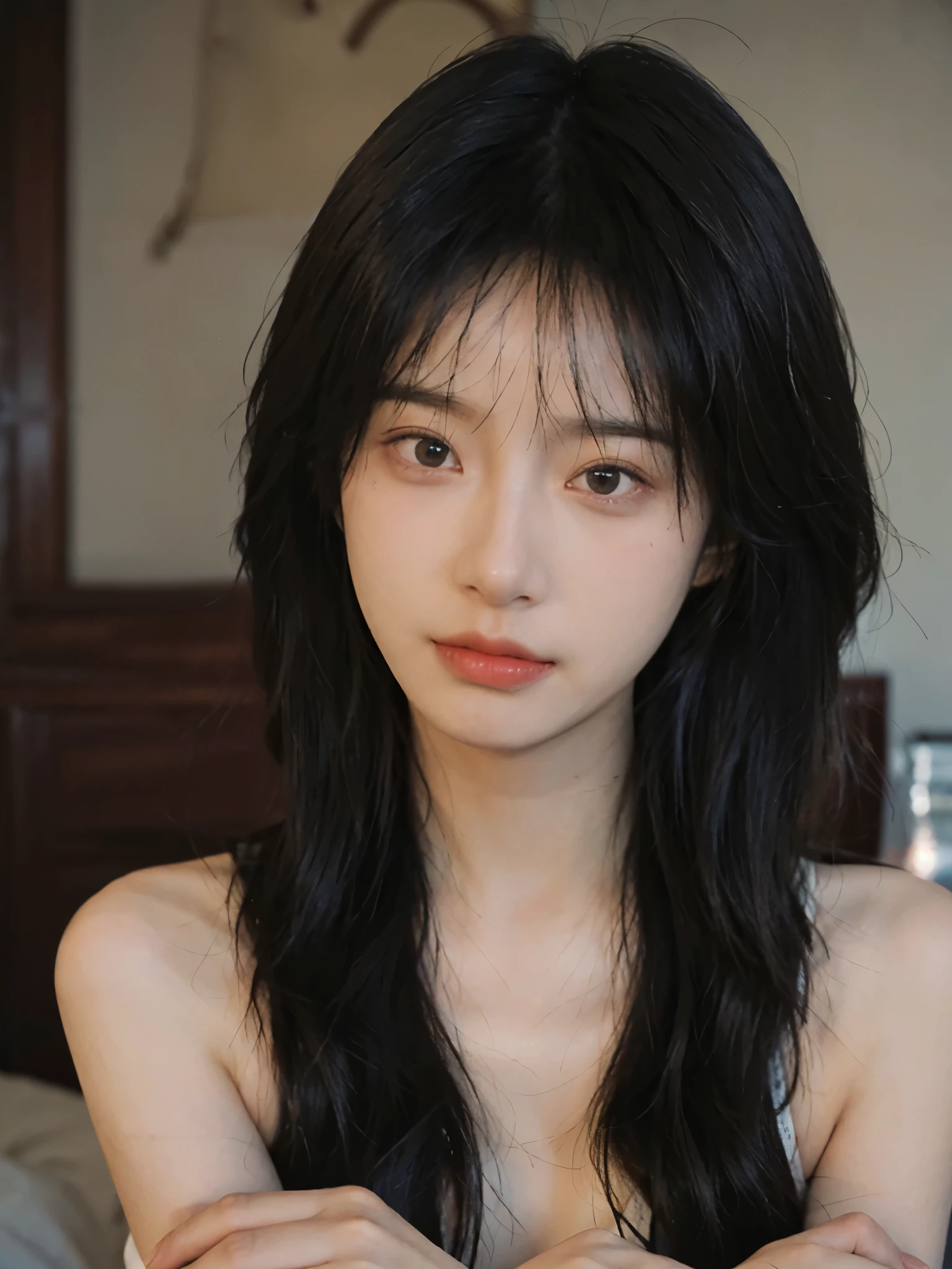Film portrait photography, 1 girl, bare shoulders, Shoulder length wavy hair, serene, calm, (Realistic and detailed eyes, natural skin texture, Realistic facial details), Soft dramatic lighting, depth of field, Bokeh, Vibrant details, Detailed and detailed, Surrealism, 35mm film, hazy, ,