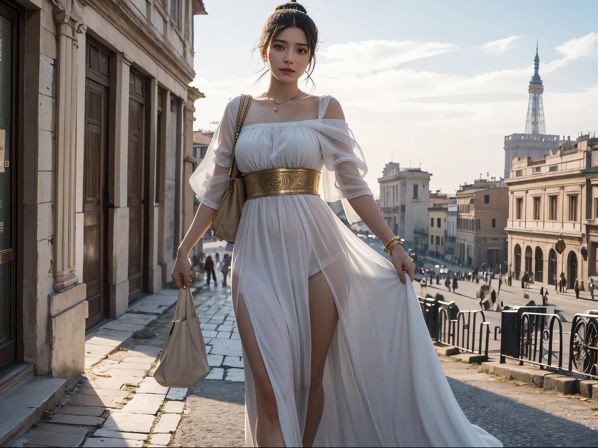 Roman noblewoman is walking to the ancient Rome street, the wind blows white toga, and the woman is looking into the camera