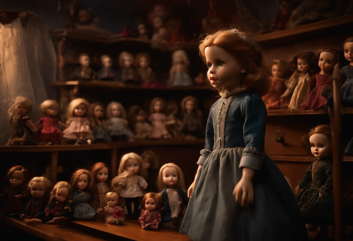 highest quality,super detailed, creepy children&#39;s room, Nobody is here, spider webs、many dolls lined up on a shelf, the dolls are looking at the viewer, surreal, 