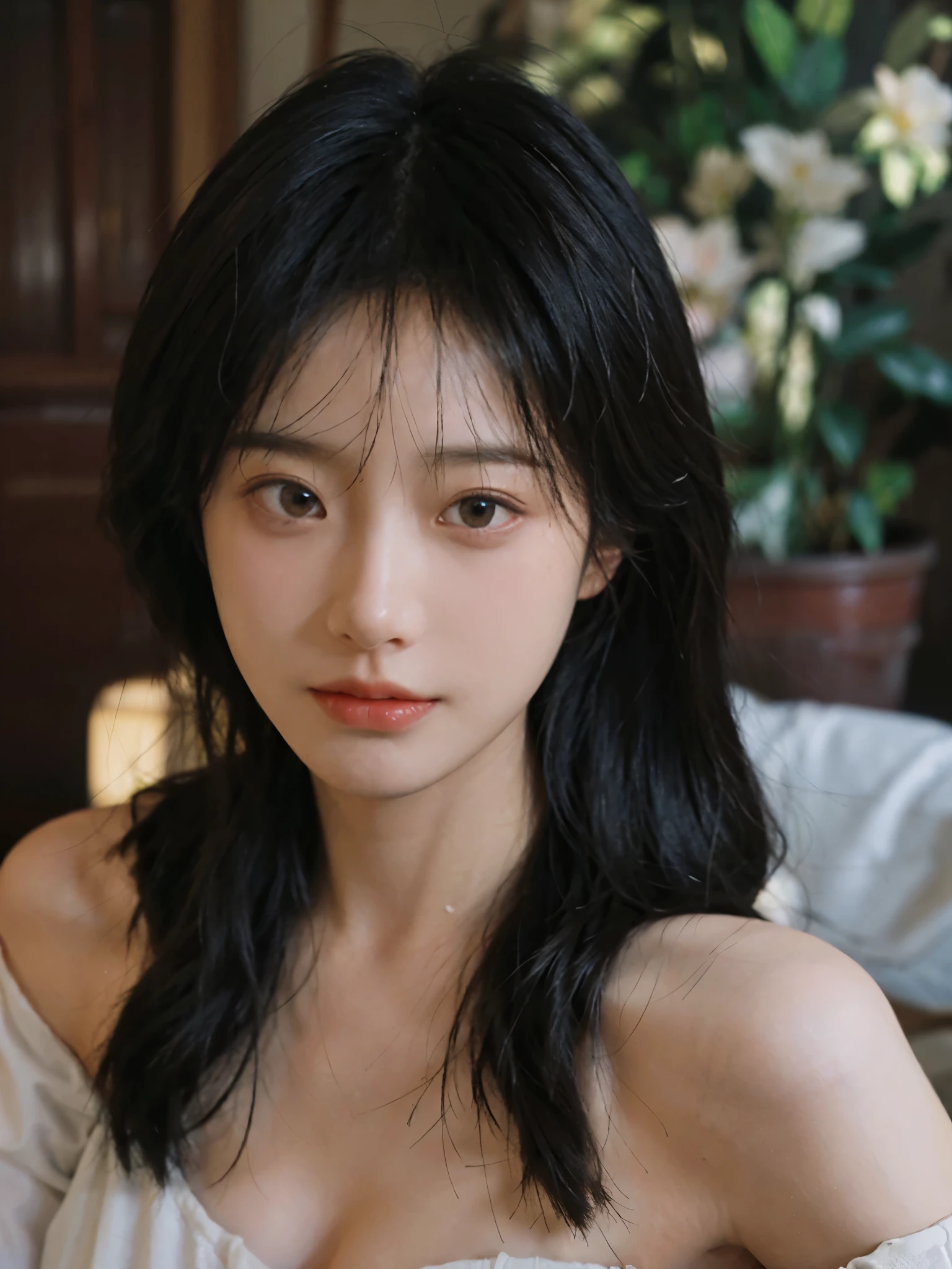 Film portrait photography, 1 girl, bare shoulders, Shoulder length wavy hair, serene, calm, (Realistic and detailed eyes, natural skin texture, Realistic facial details), Soft dramatic lighting, depth of field, Bokeh， Vibrant details, Detailed and detailed, Surrealism, 35mm film, hazy, ,