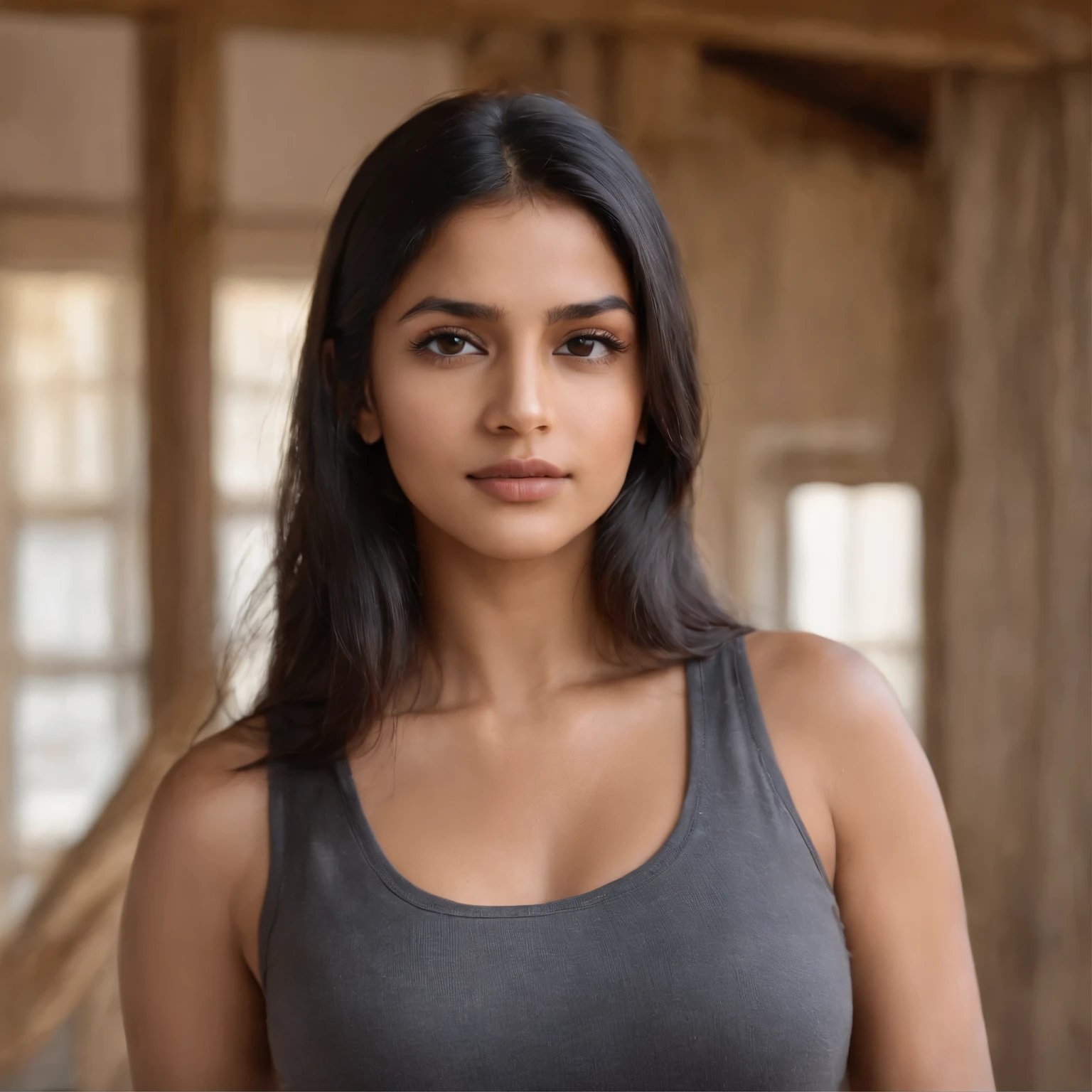 Close up of a beautiful young indian brunette with little chubby body, long black hair, oval face and dark brown eyes, wearing a tight ribbed knit top and skin tight jean shorts, standing at a home construction job site, beautifully lit, dramatic composition, epic scale, sense of awe, ultra-high res.photorealistic:.1.4, (high detailed skin:1.2), 8k uhd, dslr, high quality, film grain, Fujifilm XT3