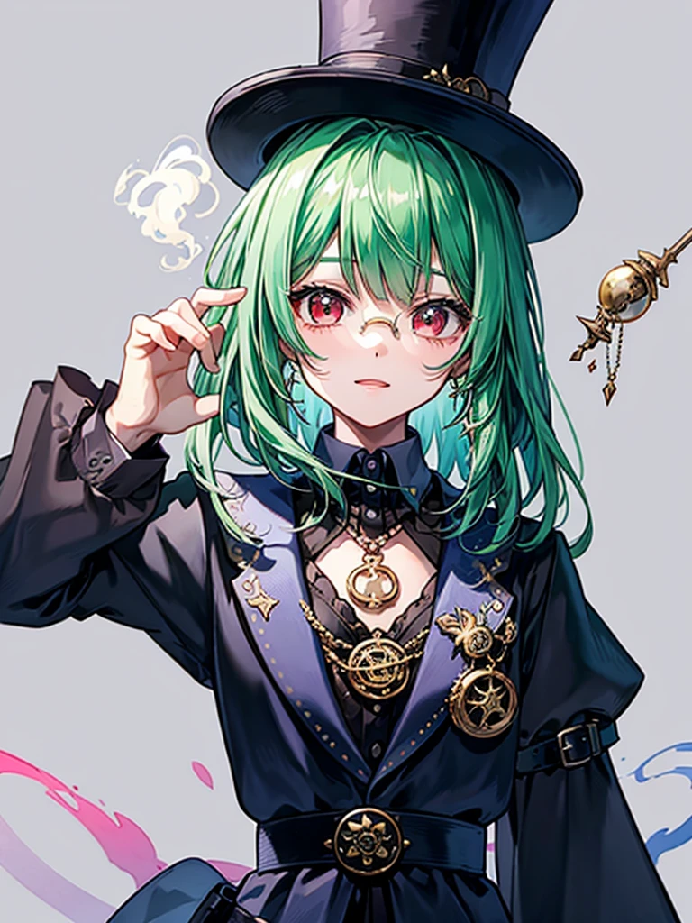 （（（masterpiece、Highest image quality、highest quality、highly detailed unity 8ｋwallpaper）））、（（Illustration of one girl、upper body））、（（（beautiful girl）））、（Emerald green hair、messy hair、sidelocks：1.2、red eyes、crazy smile）、（（（flat chest）））、（（（monocle）））、pocket watch、Smoke pipes、（（（Black top hat、Black tuxedo、belt）））