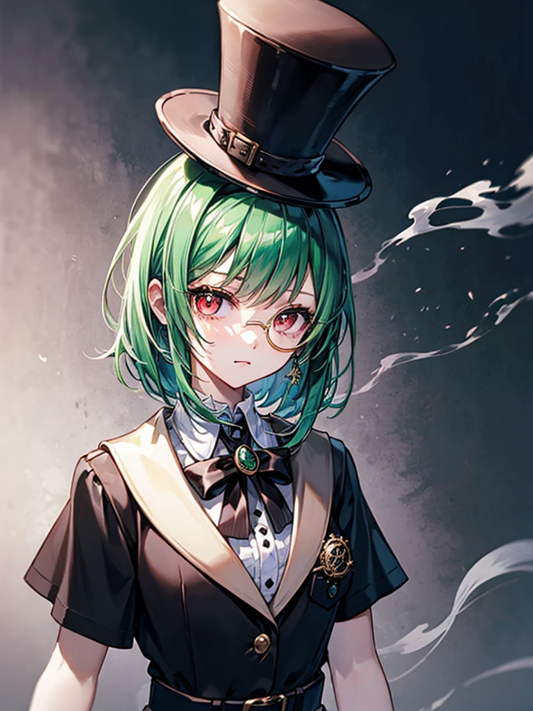 (((masterpiece、Highest image quality、highest quality、highly detailed unity 8kwallpaper)))、((Illustration of one girl、upper body))、(((beautiful girl)))、(Emerald green hair、messy hair、sidelocks:1.2、red eyes、crazy smile)、(((flat chest)))、(((monocle)))、pocket watch、Smoke pipes、(((Black top hat、Black tuxedo、belt)))