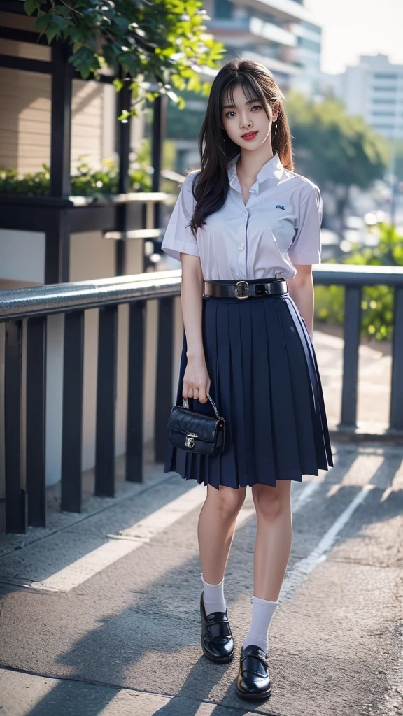 highest resolution, 8K, high definition, (((long hair))), (( thai student, half-caste, Thai-Japanese-Korean, Age 18-25 years, Height 173 centimeters)), (((stand, walk))) , (((Beautiful face, แต่งBeautiful face, Double eyelids, red lips, Smile at the corners of your mouth., Beautiful eyes))), ((beautiful woman, Real figure)), ((short sleeve, Thin white shirt, collar shirt)), ((Name embroidered in blue letters on the right chest of the shirt., have a name "Pornpitak" Rungruangpiwatsakul")), ((สัญลักษณ์โลโก้schoolที่อกซ้าย)), ((Dark blue long pleated skirt., Cover the whole leg)), ((Navy blue skirt, มีbeltผู้หญิง)), ((Big breasts, Breast augmentation)), ((Symmetrical figure, Sexy Body)), ((thin, small waist)), ((black elementary school shoes, Short white socks)), ((Wear a watch, belt)), ((Chanel Boy Medium 10 Black Caviar RHW Bag)), (((Full body, look at every part of the body))), ((background, balcony, building, school, building))