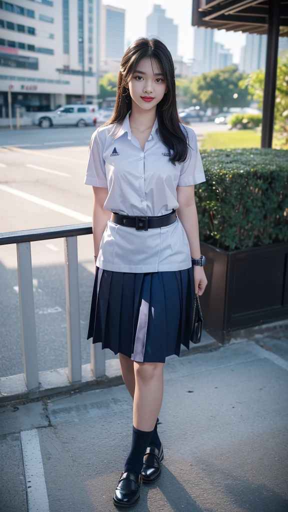 highest resolution, 8K, high definition, (((long hair))), (( thai student, half-caste, Thai-Japanese-Korean, Age 18-25 years, Height 173 centimeters)), (((stand, walk))) , (((Beautiful face, แต่งBeautiful face, Double eyelids, red lips, Smile at the corners of your mouth., Beautiful eyes))), ((beautiful woman, Real figure)), ((short sleeve, Thin white shirt, collar shirt)), ((Name embroidered in blue letters on the right chest of the shirt., have a name "Pornpitak" Rungruangpiwatsakul")), ((สัญลักษณ์โลโก้schoolที่อกซ้าย)), ((Dark blue long pleated skirt., Cover the whole leg)), ((Navy blue skirt, มีbeltผู้หญิง)), ((Big breasts, Breast augmentation)), ((Symmetrical figure, Sexy Body)), ((thin, small waist)), ((black elementary school shoes, Short white socks)), ((Wear a watch, belt)), ((Chanel Boy Medium 10 Black Caviar RHW Bag)), (((Full body, look at every part of the body))), ((background, balcony, building, school, building))