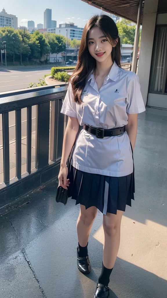 highest resolution, 8K, high definition, (((long hair))), (( thai student, half-caste, Thai-Japanese-Korean, Age 18-25 years, Height 173 centimeters)), (((stand, walk))) , (((Beautiful face, แต่งBeautiful face, Double eyelids, red lips, Smile at the corners of your mouth., Beautiful eyes))), ((beautiful woman, Real figure)), ((short sleeve, Thin white shirt, collar shirt)), ((Name embroidered in blue letters on the right chest of the shirt., have a name "Pornpitak" Rungruangpiwatsakul")), ((สัญลักษณ์โลโก้schoolที่อกซ้าย)), ((Dark blue long pleated skirt., Cover the whole leg)), ((Navy blue skirt, มีbeltผู้หญิง)), ((Big breasts, Breast augmentation)), ((Symmetrical figure, Sexy Body)), ((thin, small waist)), ((black elementary school shoes, Short white socks)), ((Wear a watch, belt)), ((Chanel Boy Medium 10 Black Caviar RHW Bag)), (((Full body, look at every part of the body))), ((background, balcony, building, school, building))