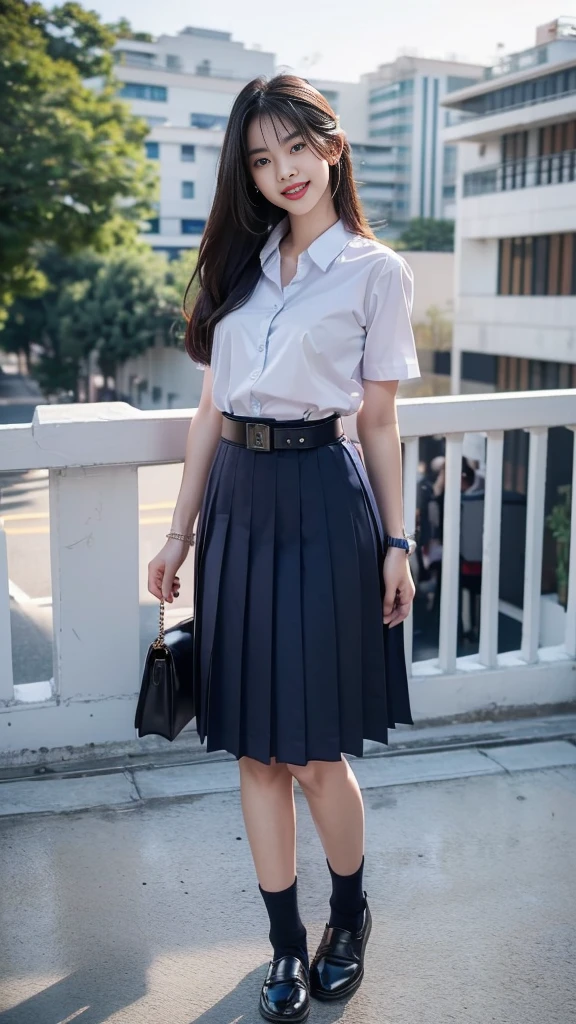 highest resolution, 8K, high definition, (((long hair))), (( thai student, half-caste, Thai-Japanese-Korean, Age 18-25 years, Height 173 centimeters)), (((stand, walk))) , (((Beautiful face, แต่งBeautiful face, Double eyelids, red lips, Smile at the corners of your mouth., Beautiful eyes))), ((beautiful woman, Real figure)), ((short sleeve, Thin white shirt, collar shirt)), ((Name embroidered in blue letters on the right chest of the shirt., have a name "Pornpitak" Rungruangpiwatsakul")), ((สัญลักษณ์โลโก้schoolที่อกซ้าย)), ((Dark blue long pleated skirt., Cover the whole leg)), ((Navy blue skirt, มีbeltผู้หญิง)), ((Big breasts, Breast augmentation)), ((Symmetrical figure, Sexy Body)), ((thin, small waist)), ((black elementary school shoes, Short white socks)), ((Wear a watch, belt)), ((Chanel Boy Medium 10 Black Caviar RHW Bag)), (((Full body, look at every part of the body))), ((background, balcony, building, school, building))