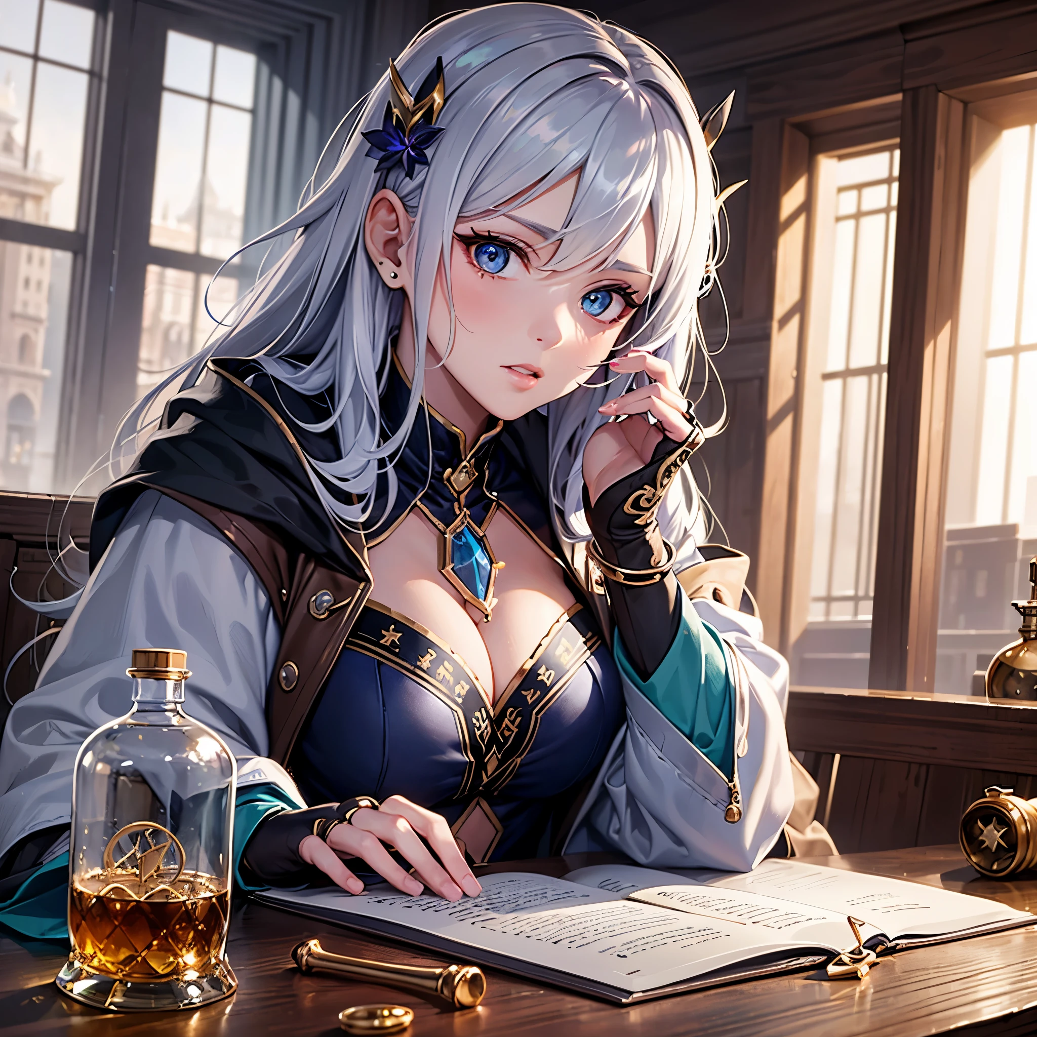 ((highest quality)),(ultra high resolution),(Super detailed),(detailed description),((best CG)),(best work of art),super precision art,great drawing art,(Fantasy art with precise details:1.5), (1 female alchemist:1.5)Female Alchemist:1.3,Intricately detailed robe:1.4,Beautiful face 1.5,natural makeup:1.6,troubled face:1.4, she is in the laboratory:1.5,Experimental tools scattered on the desk:1.5