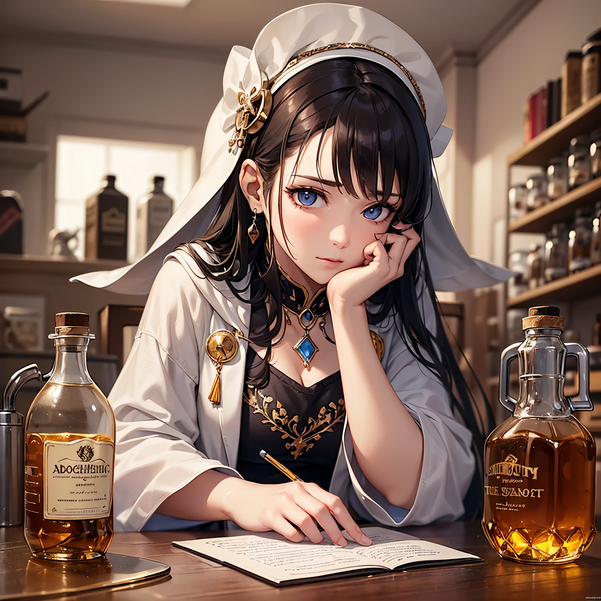((highest quality)),(ultra high resolution),(Super detailed),(detailed description),((best CG)),(best work of art),super precision art,great drawing art,(Fantasy art with precise details:1.5), (1 female alchemist:1.5)Female Alchemist:1.3,Intricately detailed robe:1.4,Beautiful face 1.5,natural makeup:1.6,troubled face:1.4, she is in the laboratory:1.5,Experimental tools scattered on the desk:1.5