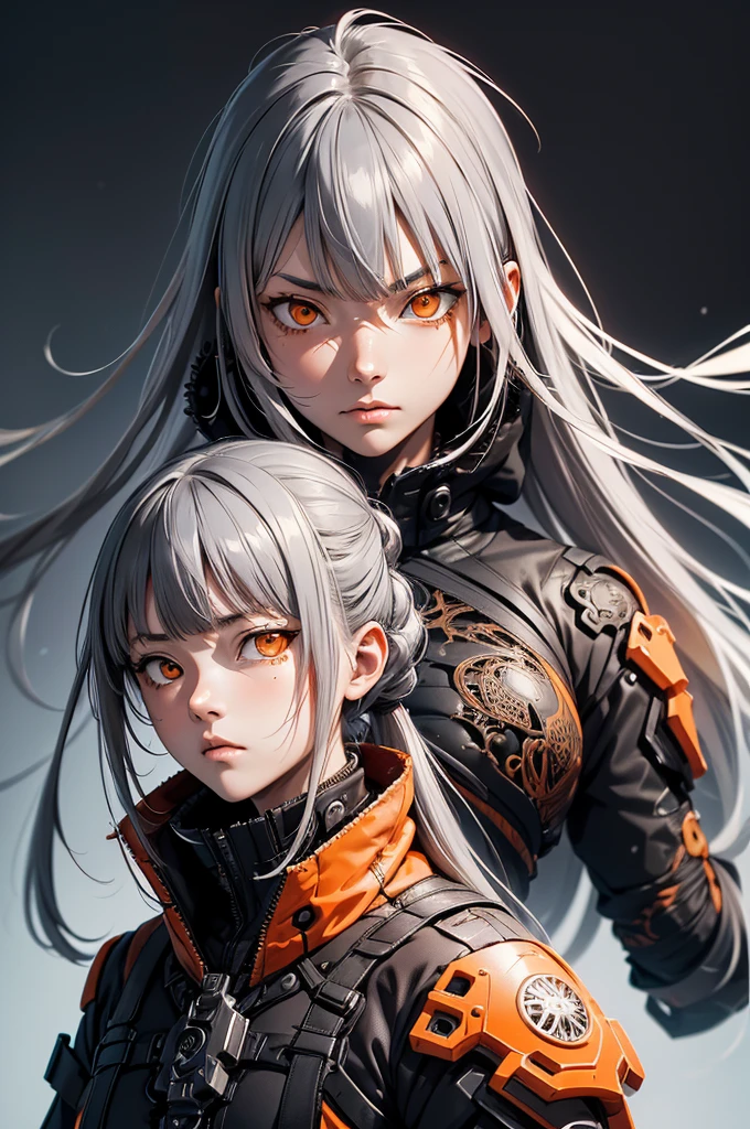 Tsutomu Nihei's style,(incredibly disorganized, (High resolution:1.18), intricate details, (masterpiece:1.1), (highest quality:1.1), disorganized),(1 girl, portrait, gray hair, orange eyes, long hair, fine eyes),