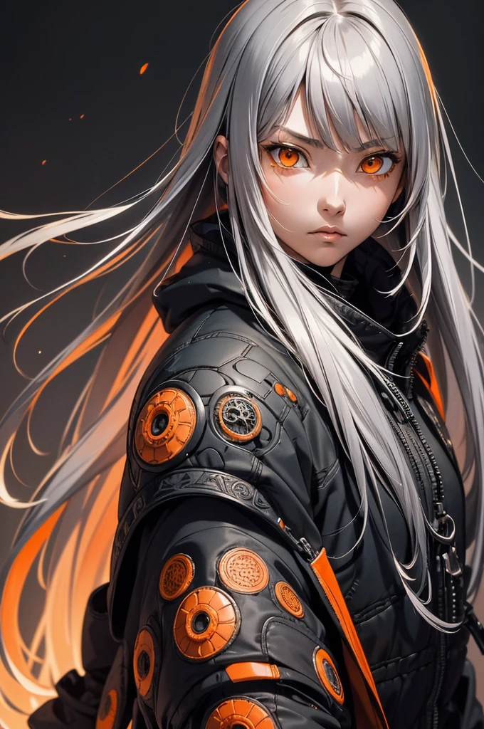 Tsutomu Nihei's style,(incredibly disorganized, (High resolution:1.18), intricate details, (masterpiece:1.1), (highest quality:1.1), disorganized),(1 girl, portrait, gray hair, orange eyes, long hair, fine eyes),
