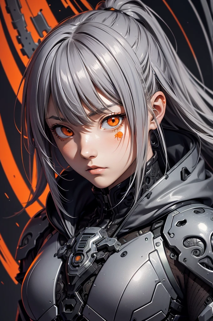 Tsutomu Nihei's style,(incredibly disorganized, (High resolution:1.18), intricate details, (masterpiece:1.1), (highest quality:1.1), disorganized),(1 girl, portrait, gray hair, orange eyes, long hair, fine eyes),
