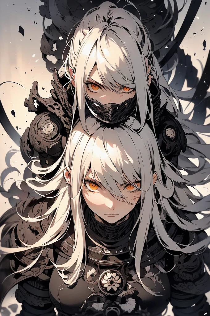 Tsutomu Nihei&#39;s style,(incredibly disorganized, (High resolution:1.18), intricate details, (masterpiece:1.1), (highest quality:1.1), disorganized),(1 girl, portrait, gray hair, orange eyes, long hair, fine eyes),