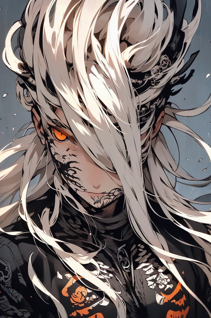 Tsutomu Nihei's style,(incredibly disorganized, (High resolution:1.18), intricate details, (masterpiece:1.1), (highest quality:1.1), disorganized),(1 girl, portrait, gray hair, orange eyes, long hair, fine eyes),