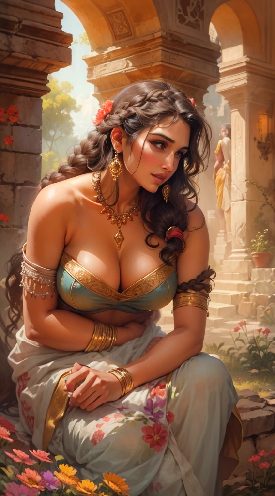 Oil painting of Huma Qureshi as a rajput princess , young, beautiful, large breasts, taking a royal bath, completely naked, removing ornaments, bindi, nose ring, necklace, long earrings , bangles, dupatta over head, standing in a medieval bath, castle towers in background, smiling , upper body view, front view, by Boris Vallejo, Frank Frazetta