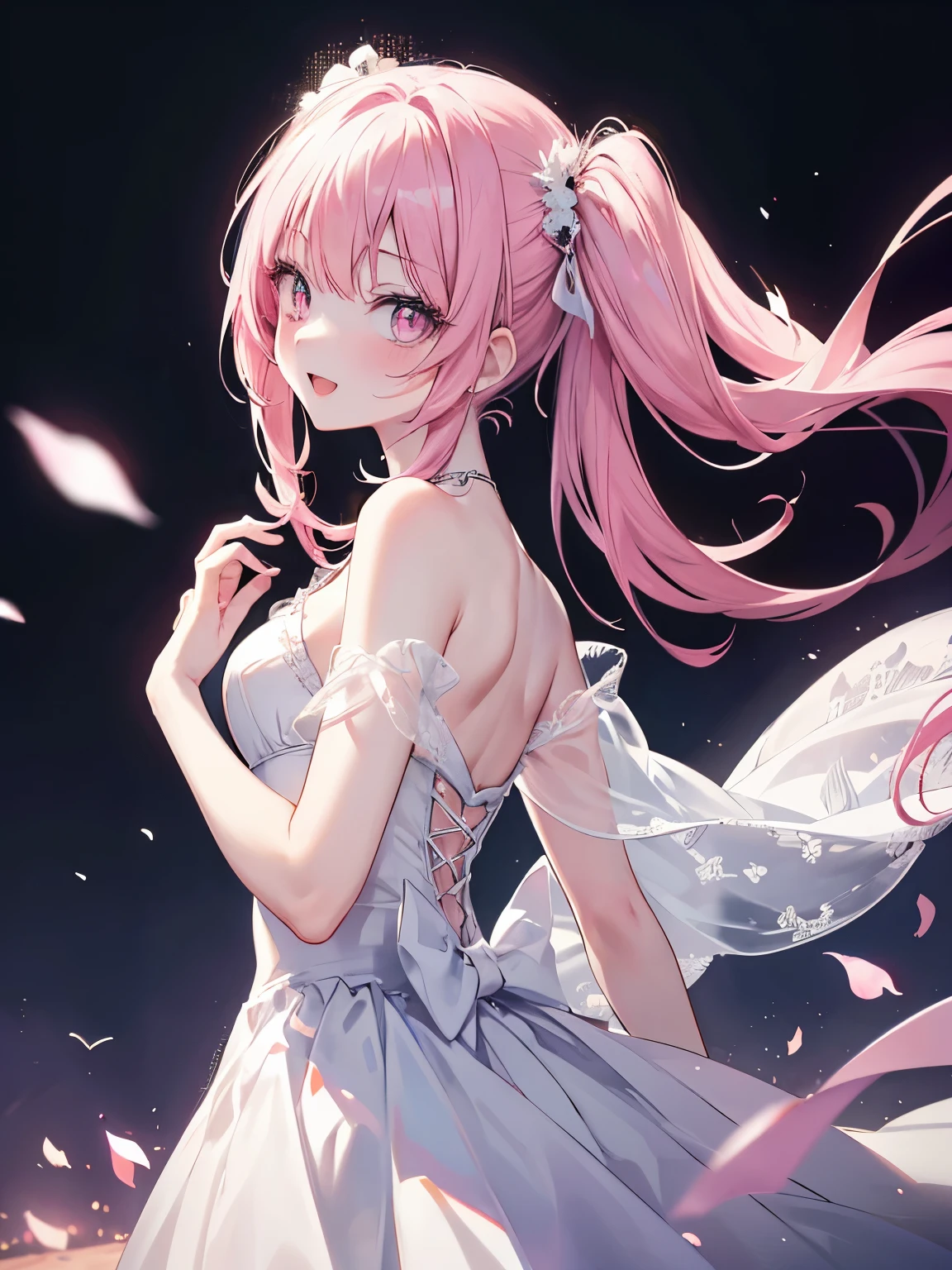 masutepiece, Highest Quality, (Perfect face:1.1), (high detailing:1.1), (ultradetailed eyes), Dramatic, superfine illustration, Extremely detailed,1girl in,ager, (pale skin), Happy, Laugh, Enjoy, Cheerful,Open mouth,gloweyes,pinkhair, (long twintail),Ethereal eyes, pink eye,blush, Solo,Pouty lips,Cinematic lighting,Cowboy Shot, Looking at Viewer, wedding dress, ,simple whitebackgraund, reaching out,from side