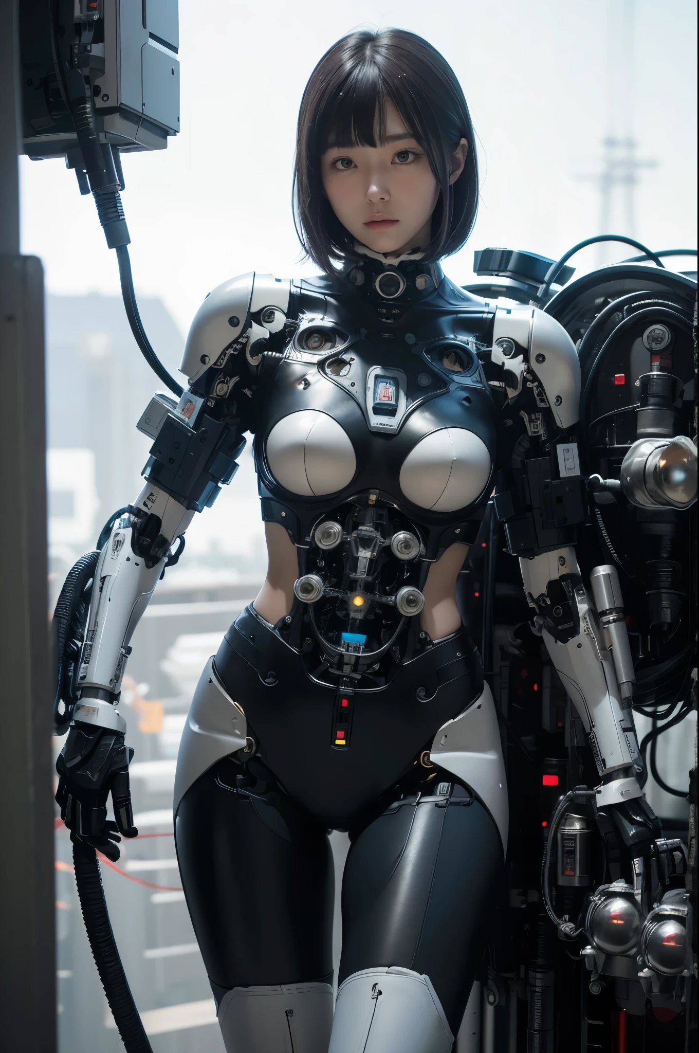 masterpiece, best quality, extremely detailed, Japaese Cyborg girl,Plump , control panels,android,Droid,Mechanical Hand, Robot arms and legs, Black hair,Blunt bangs,perfect robot girl,long tube,thick cable connected her neck,android,robot,humanoid,cyborg,japanese android woman ,future laboratory,connecting a cable between the legs,hotpants,darkblack knee high socks,